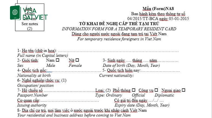 Mẫu NA8 - Tờ Khai Đề Nghị Cấp Thẻ Tạm Trú Cho Người Nước Ngoài